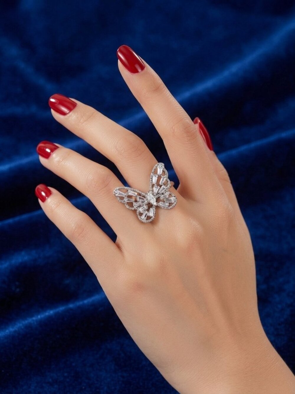 Adjustable Clear CZ Butterfly Ring Silver Plated Sparkly Statement Cocktail Jewe